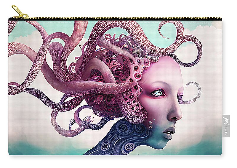 Octopus Zip Pouch featuring the digital art Surreal Hybrid Creature 02 Octopus and Human by Matthias Hauser