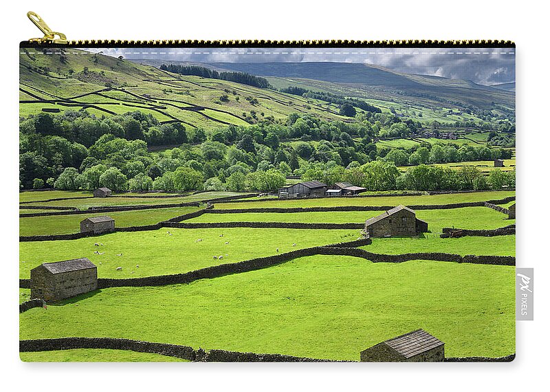 Swaledale Zip Pouch featuring the photograph Swaledale sheep barns and drystone wall grid on green pasture la by Reimar Gaertner