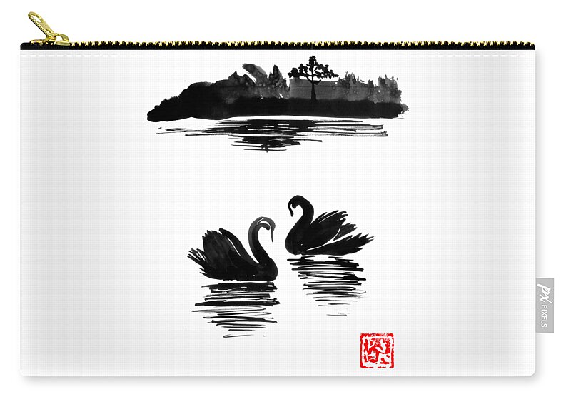 Swan Zip Pouch featuring the drawing Swan Island by Pechane Sumie