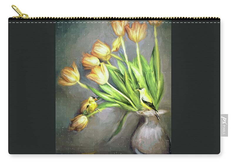 American Goldfinches Zip Pouch featuring the painting Sweet Goldfinches by Tina LeCour
