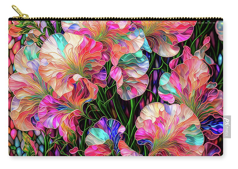 Sweet Peas Zip Pouch featuring the digital art Sweet Peas - Stained Glass by Peggy Collins