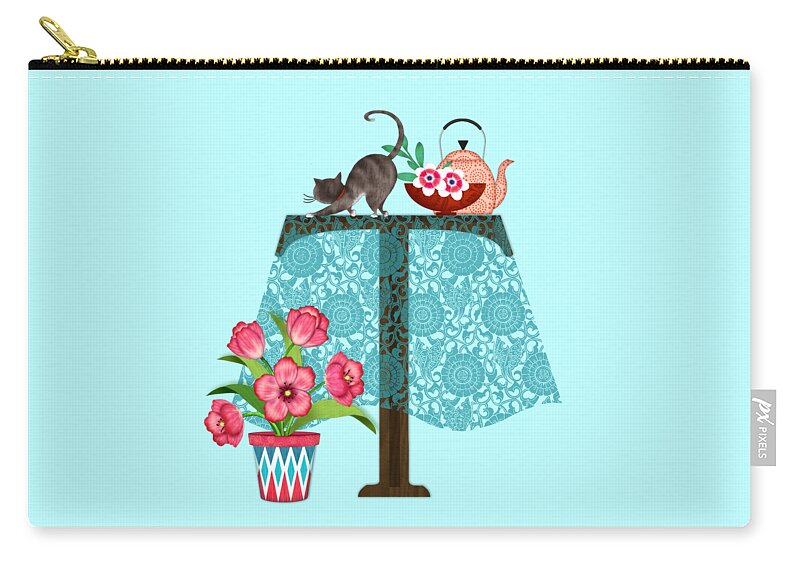 Letter Zip Pouch featuring the digital art T is for Table, Tabby, and Tea Kettle by Valerie Drake Lesiak