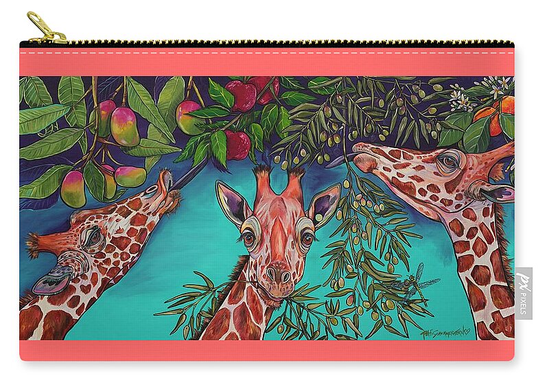 Giraffe Art Zip Pouch featuring the painting Table For Three Please by Patti Schermerhorn
