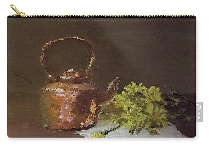 Floral Zip Pouch featuring the painting Tea Pot And Flowers by Stanton Allaben