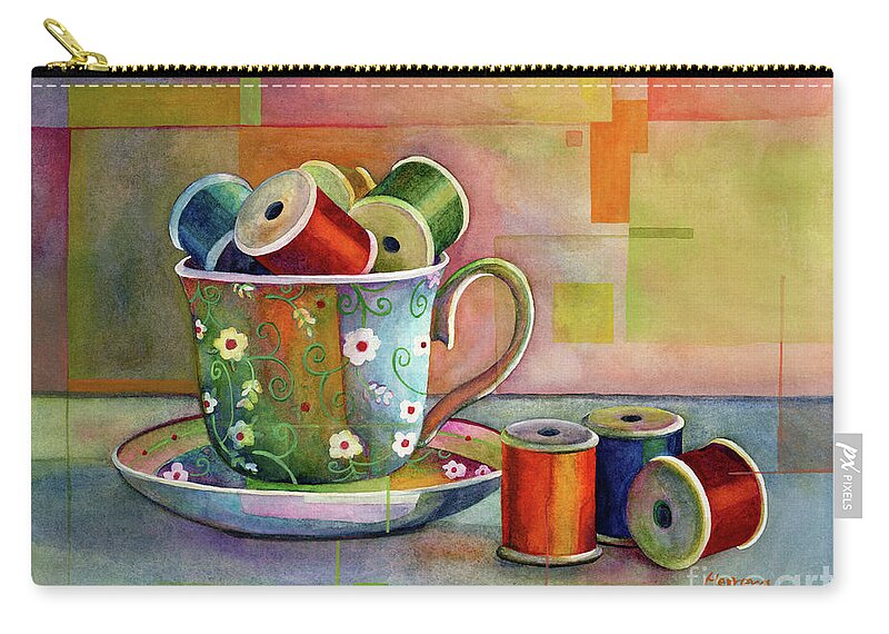 Teacup Zip Pouch featuring the painting Teacup and Spools by Hailey E Herrera