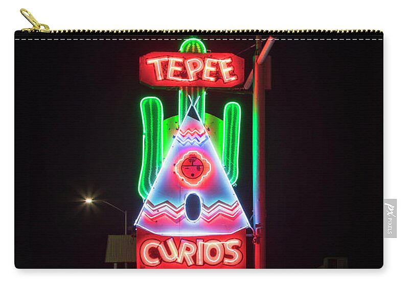 Route 66 Zip Pouch featuring the photograph Tee Pee Curios Neon Sign by Susan Rissi Tregoning