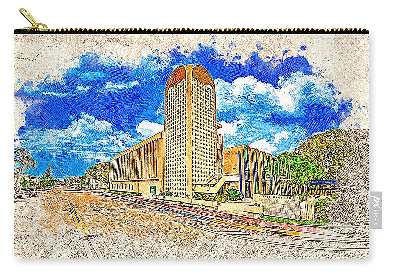 Temple Menorah Zip Pouch featuring the digital art Temple Menorah in Miami Beach, Florida - colored drawing by Nicko Prints
