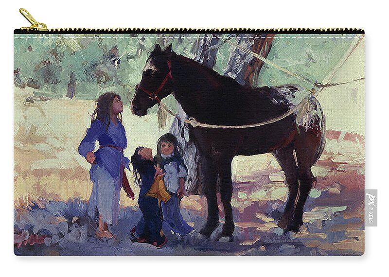 Children With Horses Zip Pouch featuring the painting Tender Conversation by Elizabeth - Betty Jean Billups