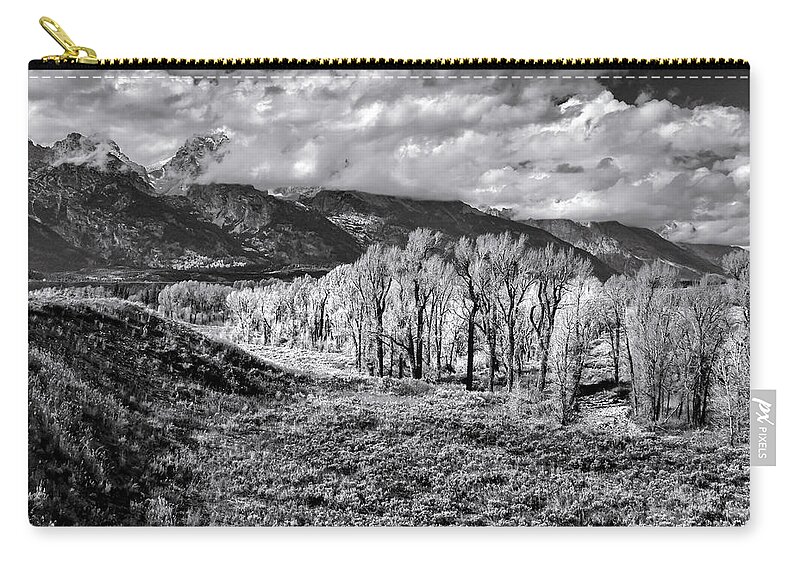  Grand Teton Zip Pouch featuring the photograph Teton Mountain View in Black and White by Norma Brandsberg