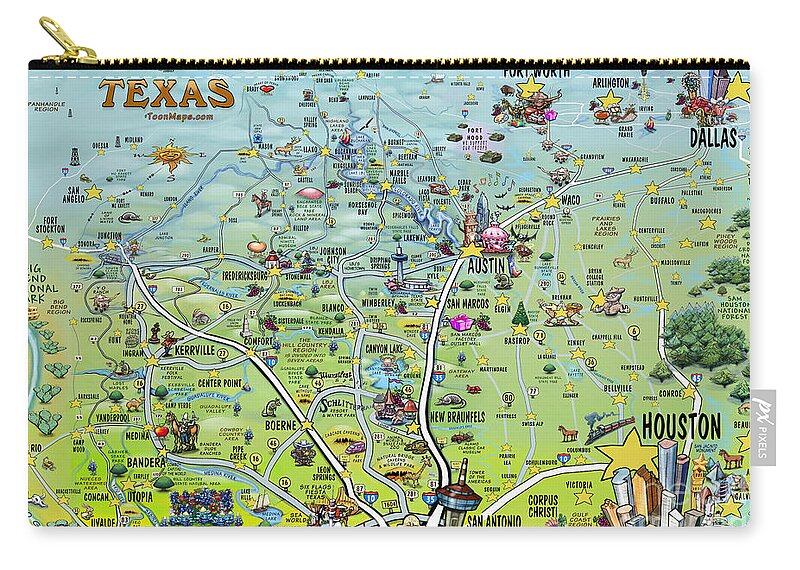 Texas Zip Pouch featuring the digital art Texas Big Fun Map by Kevin Middleton