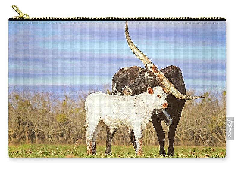 Texas Longhorn Cow Picture Zip Pouch featuring the photograph Texas longhorn cow and calf under a big blue Texas sky by Cathy Valle