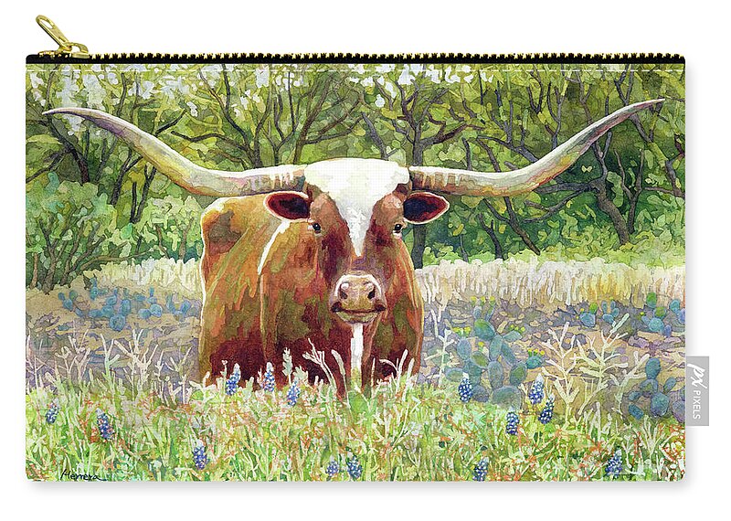 Longhorn Zip Pouch featuring the painting Texas Longhorn-pastel colors by Hailey E Herrera