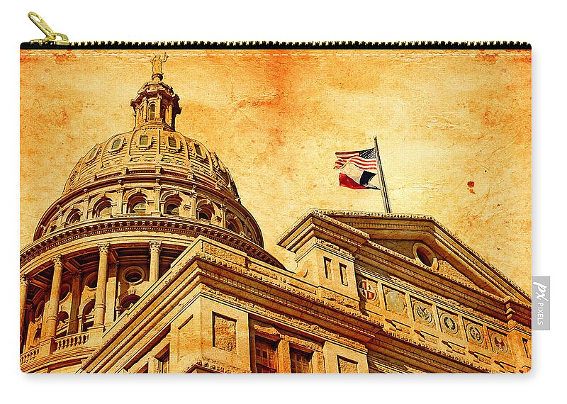 Texas State Capitol Zip Pouch featuring the digital art Texas State Capitol in Austin blended on old paper by Nicko Prints