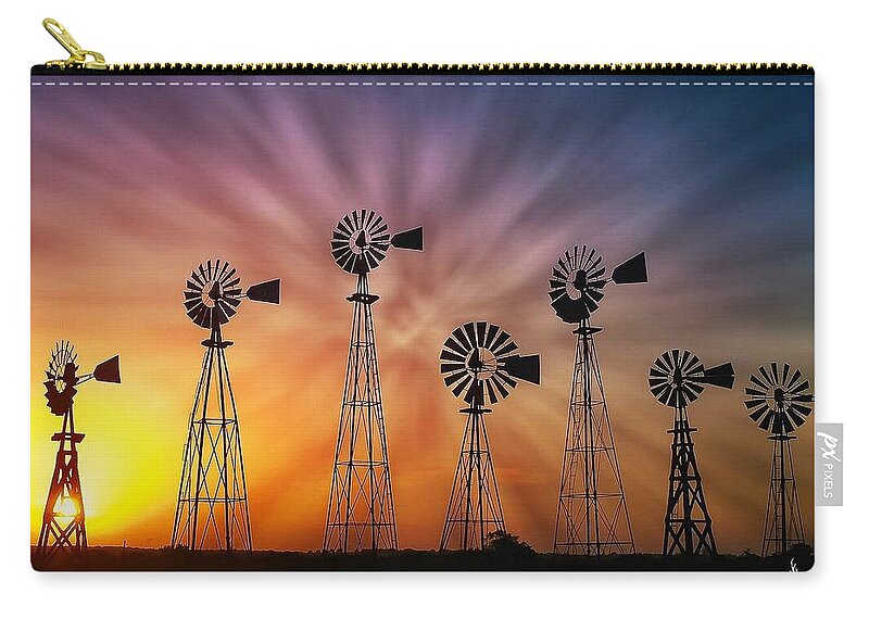 Texas Zip Pouch featuring the photograph Texas windmills at sunset by Pam Rendall