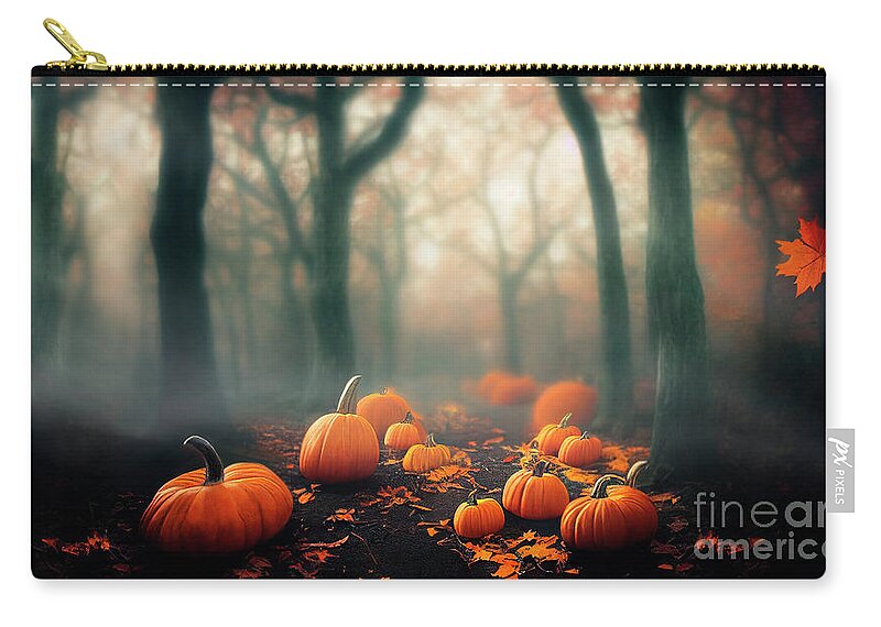 Pumpkin Zip Pouch featuring the photograph Thanksgiving and halloween pumpkins in autumn forest. Fall seaso by Jelena Jovanovic