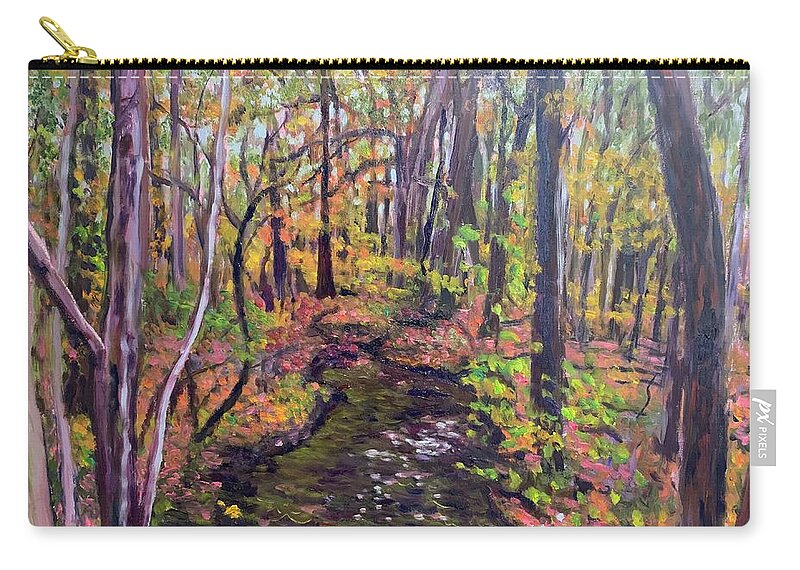 Woods Stream Fall Trees Trail Zip Pouch featuring the painting Thanksgiving woods by Beth Riso