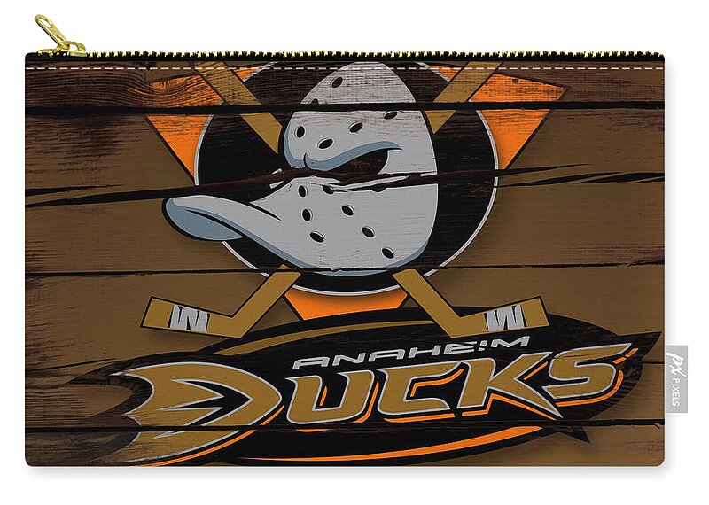 Anaheim Ducks Zip Pouch featuring the mixed media The Anaheim Ducks by Brian Reaves