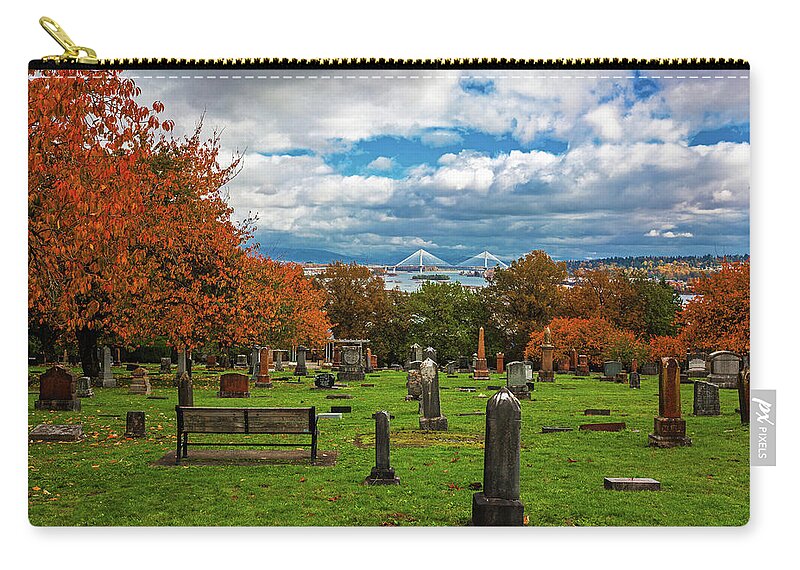 Alex Lyubar Zip Pouch featuring the photograph The bench in the Fraser Cemetery by Alex Lyubar