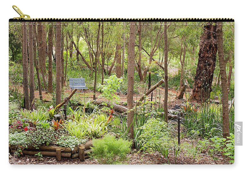Garden Zip Pouch featuring the photograph The Blue Bench at Lakeside, Pemberton, Western Australia by Elaine Teague
