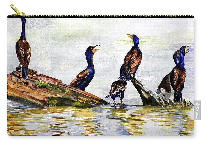 Cormorants Zip Pouch featuring the painting The Board Meeting by Barbara F Johnson