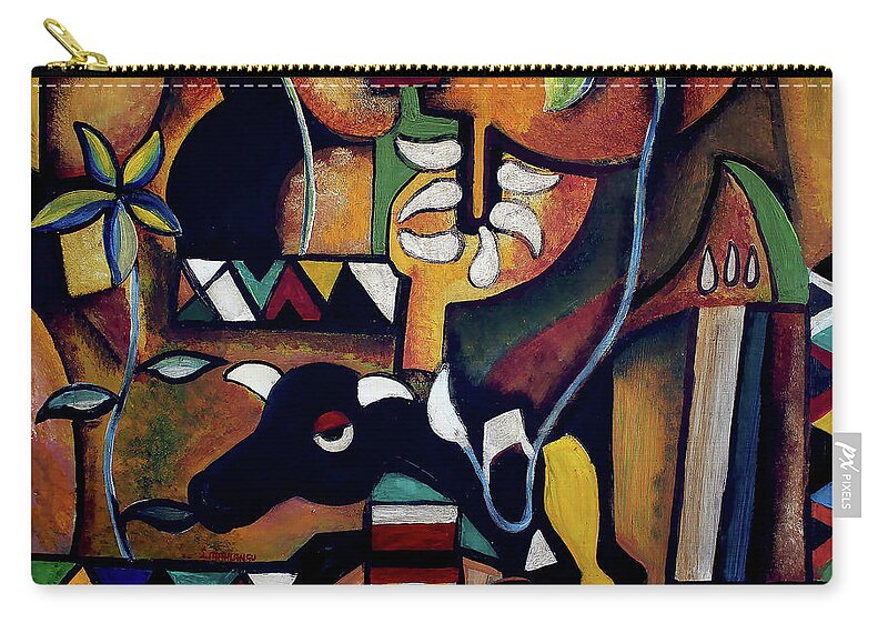 African Art Carry-all Pouch featuring the painting The Bull of Peace by Speelman Mahlangu