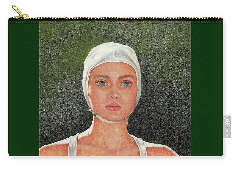 Swimming; Competition; Diving; Vintage Swimwear; Bathing Beauties; White Bathing Cap; White Swimsuit; Blue Eyes Carry-all Pouch featuring the painting The Competition by Valerie Evans