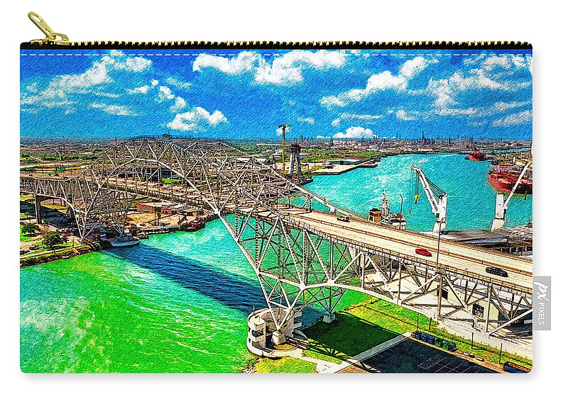 Corpus Christi Harbor Bridge Zip Pouch featuring the digital art The Corpus Christi Harbor Bridge - pencil sketch effect by Nicko Prints