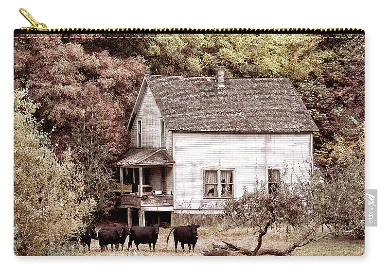 American Zip Pouch featuring the photograph The Cows Came Home in Vintage Tones by Debra and Dave Vanderlaan