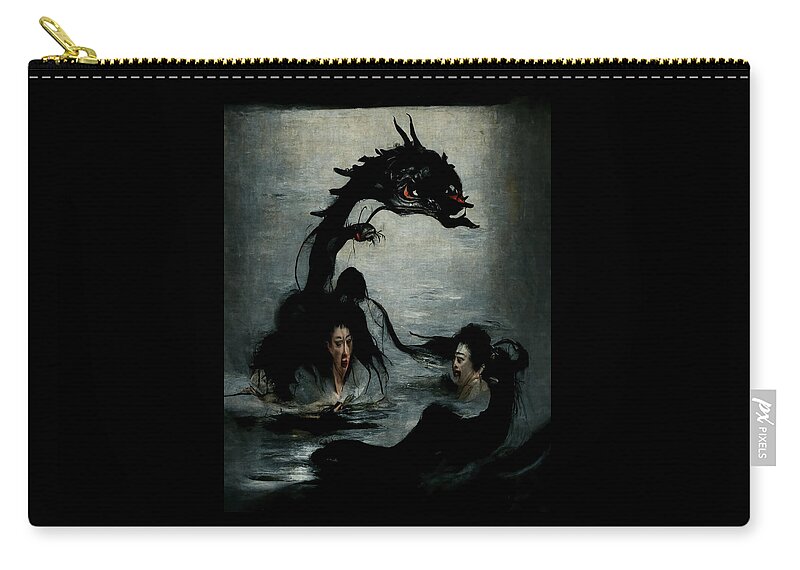 Horror Zip Pouch featuring the drawing The Embrace of Black Dragons by Ryan Nieves