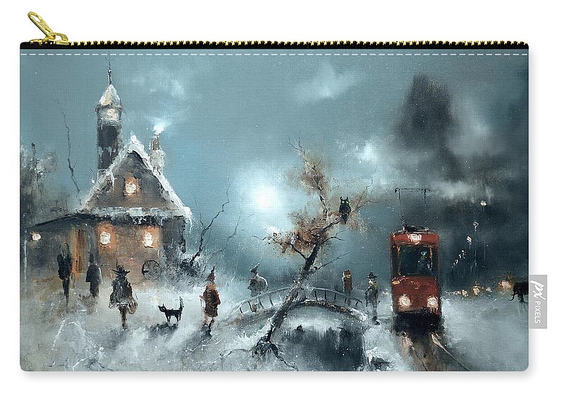 Russian Artists New Wave Zip Pouch featuring the painting The End Stop of Tram by Igor Medvedev