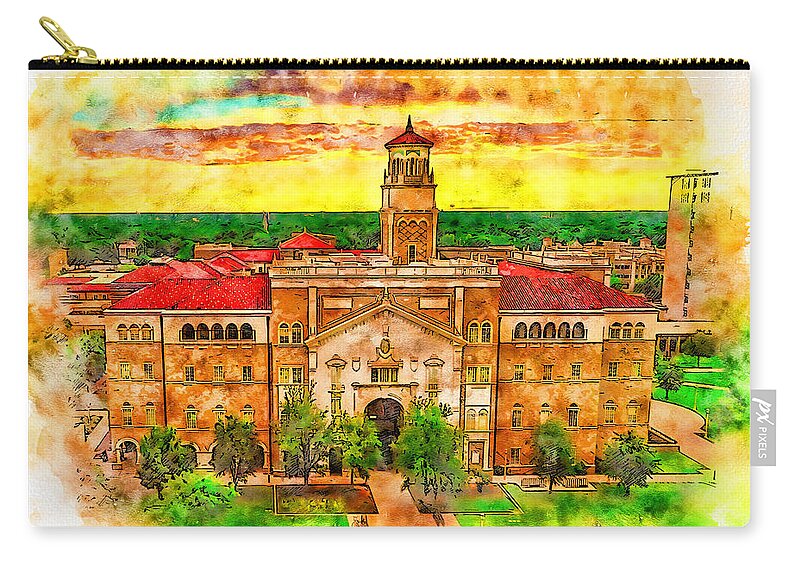 English And Philosophy Building Zip Pouch featuring the digital art The English and Philosophy Building of the Texas Tech University - pen and watercolor by Nicko Prints
