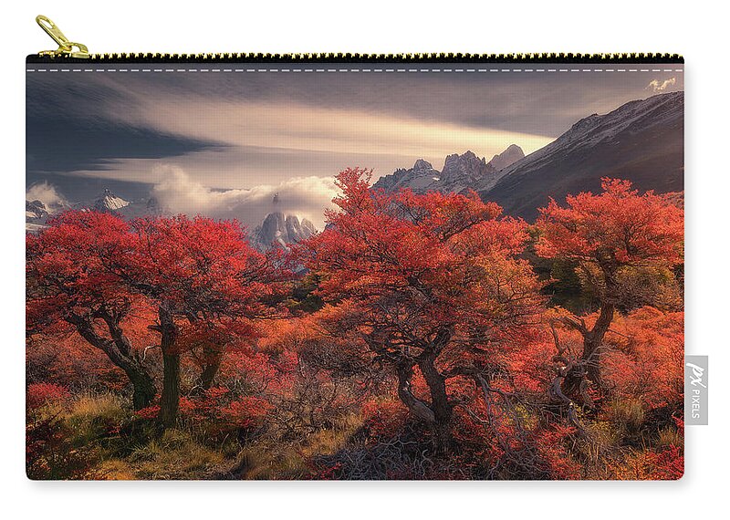 Fall Zip Pouch featuring the photograph The Fall colors in Patagonia by Henry w Liu