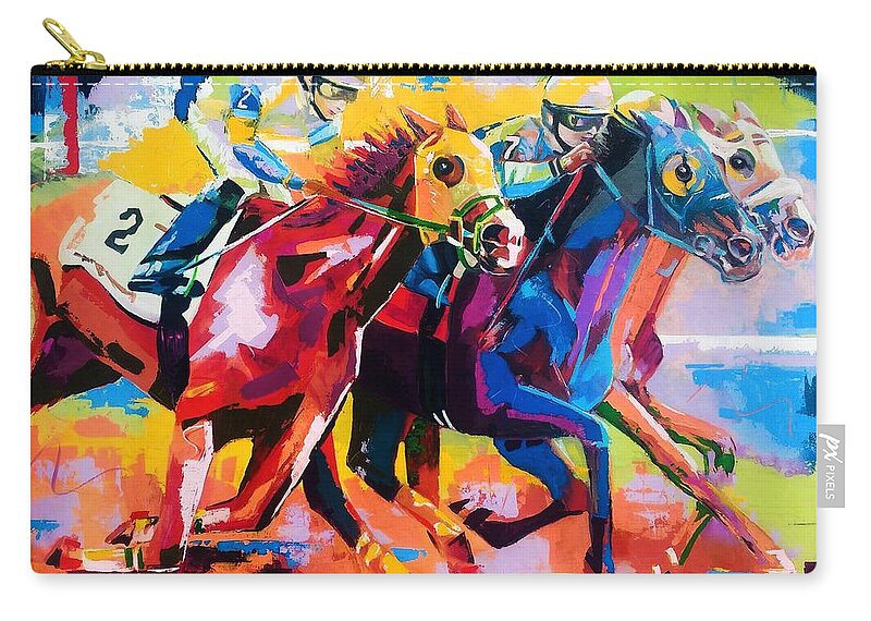 Horse Zip Pouch featuring the painting The finishing post- LARGE WORK by Angie Wright