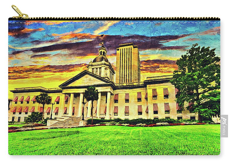 Florida State Capitol Zip Pouch featuring the digital art The Florida State Capitol complex in Tallahassee, at sunset - oil painting by Nicko Prints