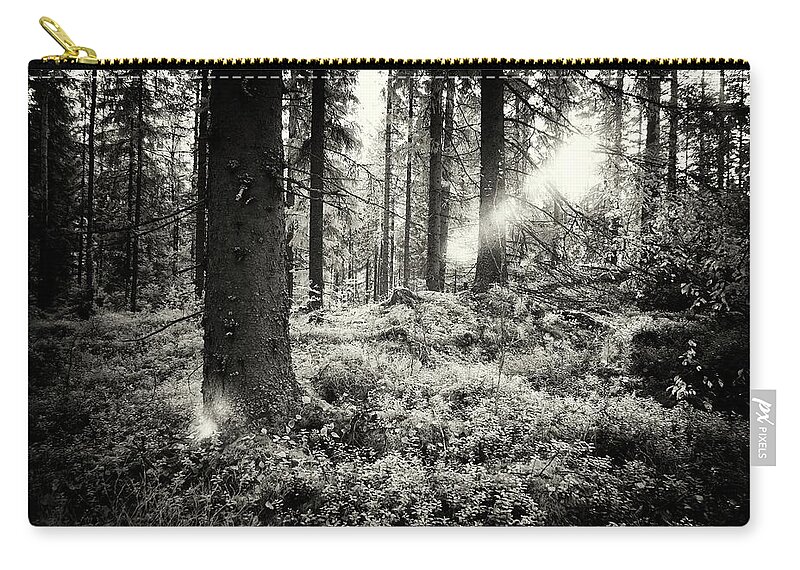 Infrapuna Zip Pouch featuring the photograph The Forest in evening light BW IR by Jouko Lehto