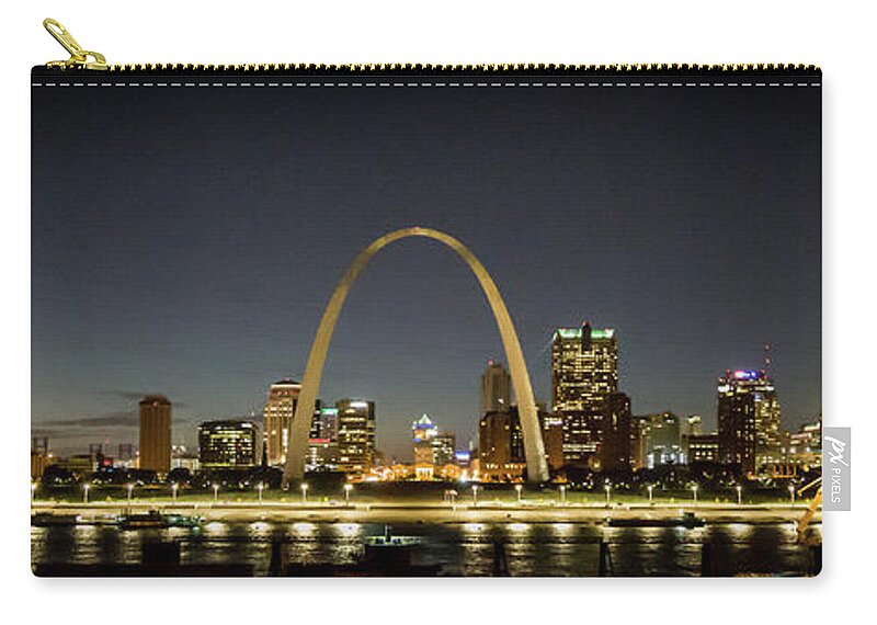 Reid Callaway St Louis Zip Pouch featuring the photograph The Gateway Arch Panorama St Louis Missouri Night Photography Cityscape Art by Reid Callaway