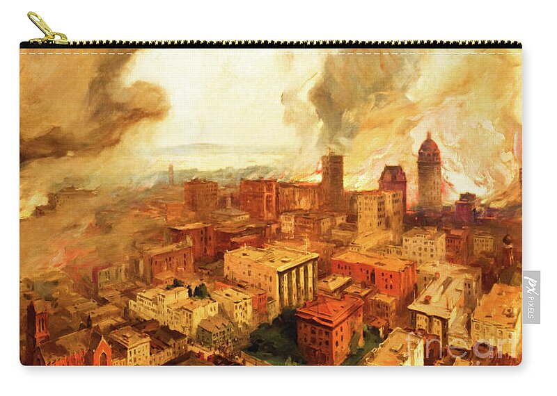 San Francisco Zip Pouch featuring the painting The Great San Francisco Fire and Earthquake of 1906 by Peter Ogden