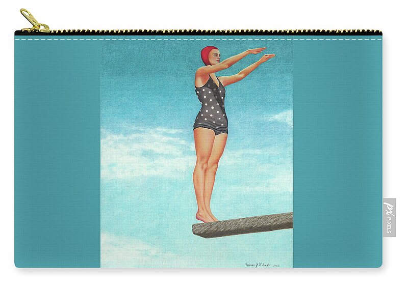 High Dive; Diving Board; Vintage Bathing Beauties; Red Swim Cap; Diving Competitions; Vintage Bathing Suits; Swimming; Polka Dot Swim Suit Carry-all Pouch featuring the painting The High Dive by Valerie Evans