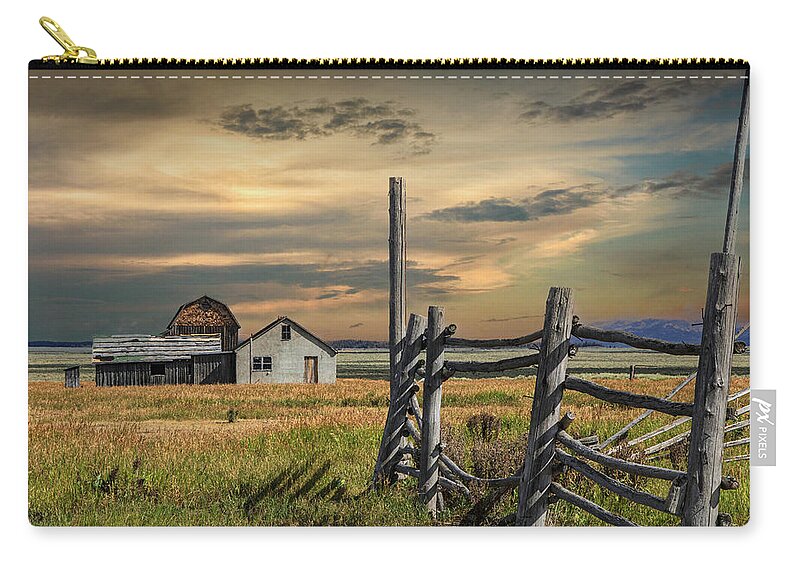 Wood Zip Pouch featuring the photograph The John Moulton Farm on Mormon Row with Corral Fence by Randall Nyhof