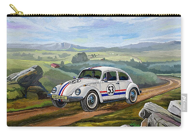 Herbie Zip Pouch featuring the painting The Love Bug - Herbie by Anthony Mwangi