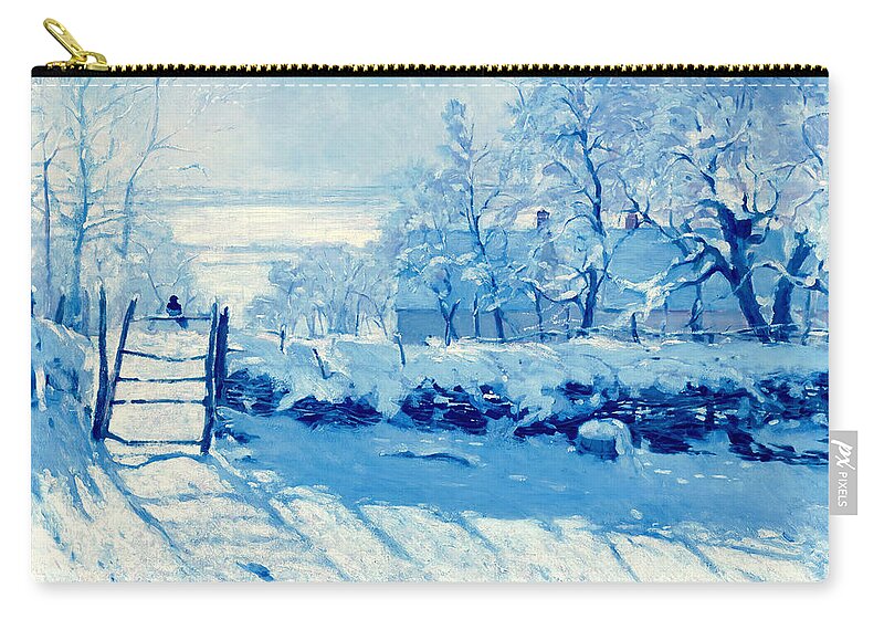 The Magpie Zip Pouch featuring the digital art The Magpie by Claude Monet - digital enhancement with a blue hue by Nicko Prints