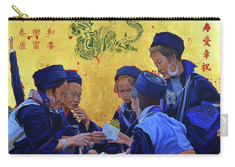 Gold And Blue Zip Pouch featuring the painting The Meet Market by Thu Nguyen