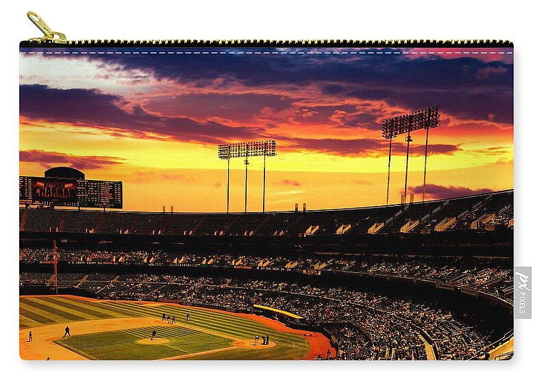 Oakland Zip Pouch featuring the digital art The Oakland-Alameda County Coliseum in sunset light by Nicko Prints