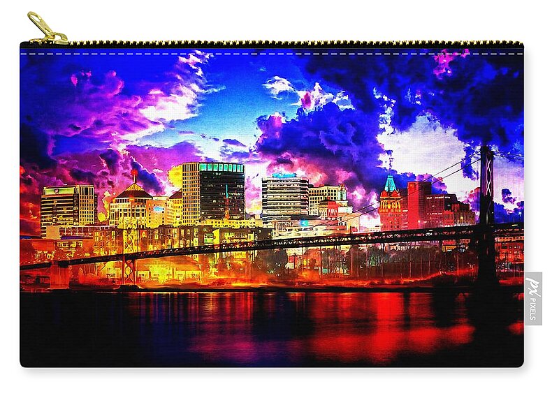 Oakland Zip Pouch featuring the digital art The Oakland Bay Bridge and the downtown Oakland skyline at twilight by Nicko Prints