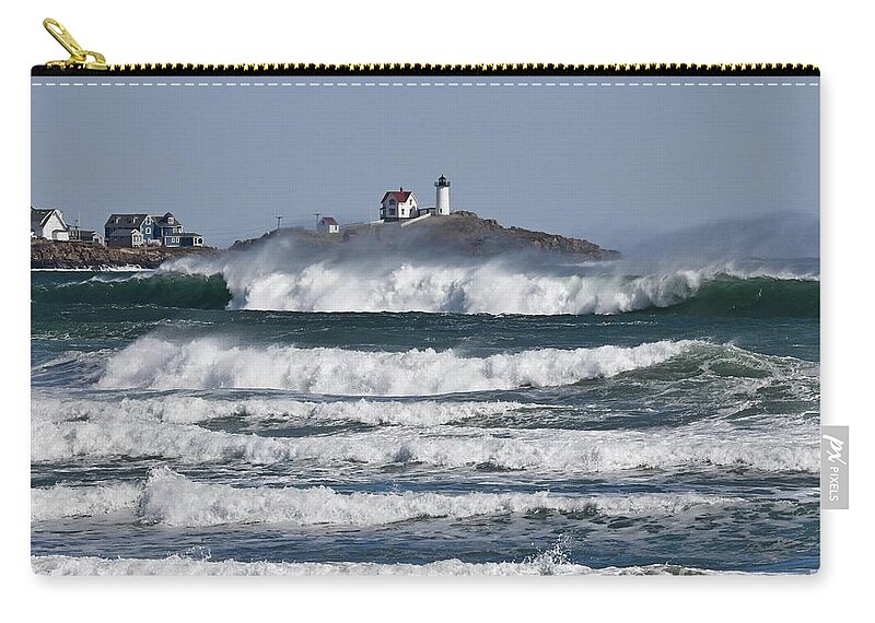 Cape Neddick Zip Pouch featuring the photograph The Ocean Storm at the Nubble by Steve Brown