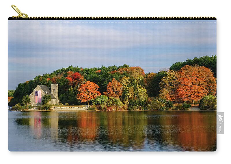 The Old Stone Church In West Bolyston Zip Pouch featuring the photograph The Old Stone Church and Colorful Fall Foliage in West Bolyston, Massachusetts by Robert Bellomy