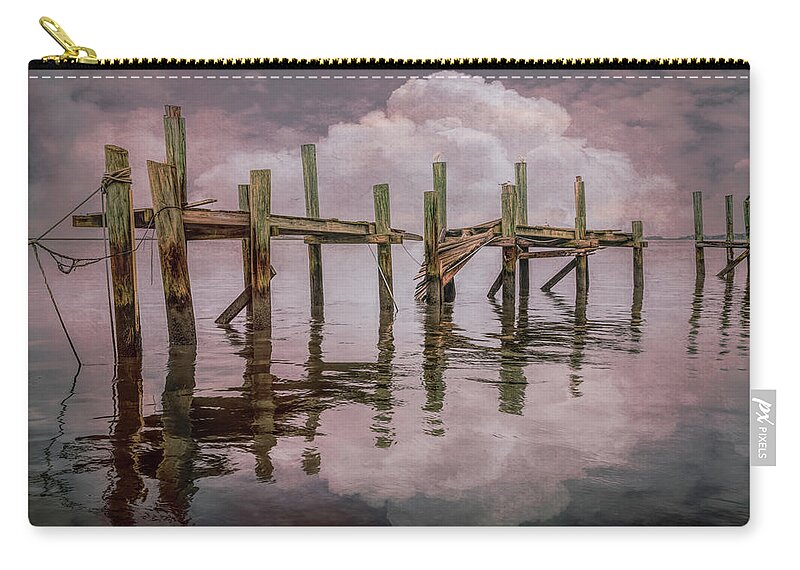 Boats Zip Pouch featuring the photograph The Old Wooden Docks in the Fog at Sunset by Debra and Dave Vanderlaan