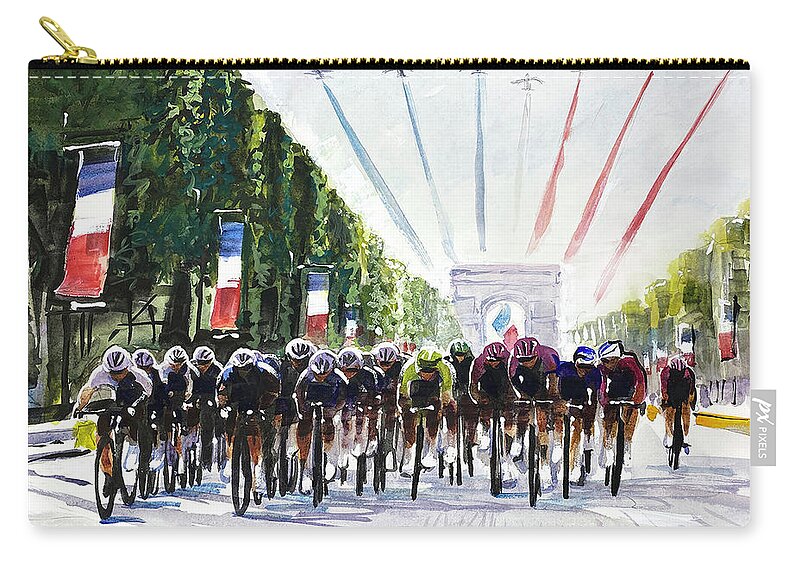 Le Tour De France Zip Pouch featuring the painting The Peloton and The Air Force. Stage 21, TDF 2021 by Shirley Peters
