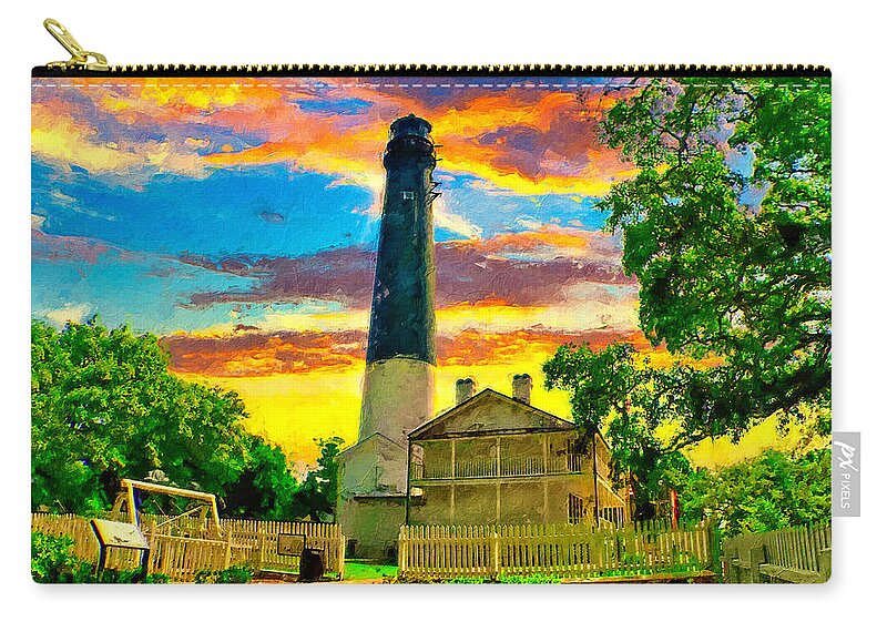 Pensacola Lighthouse Zip Pouch featuring the digital art The Pensacola lighthouse and maratime museum at sunset - digital painting by Nicko Prints