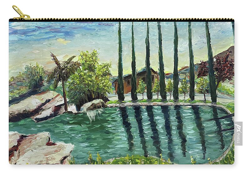 Gershon Bachus Vintners Carry-all Pouch featuring the painting The Pond at Gershon Bachus Vintners Temecula by Roxy Rich